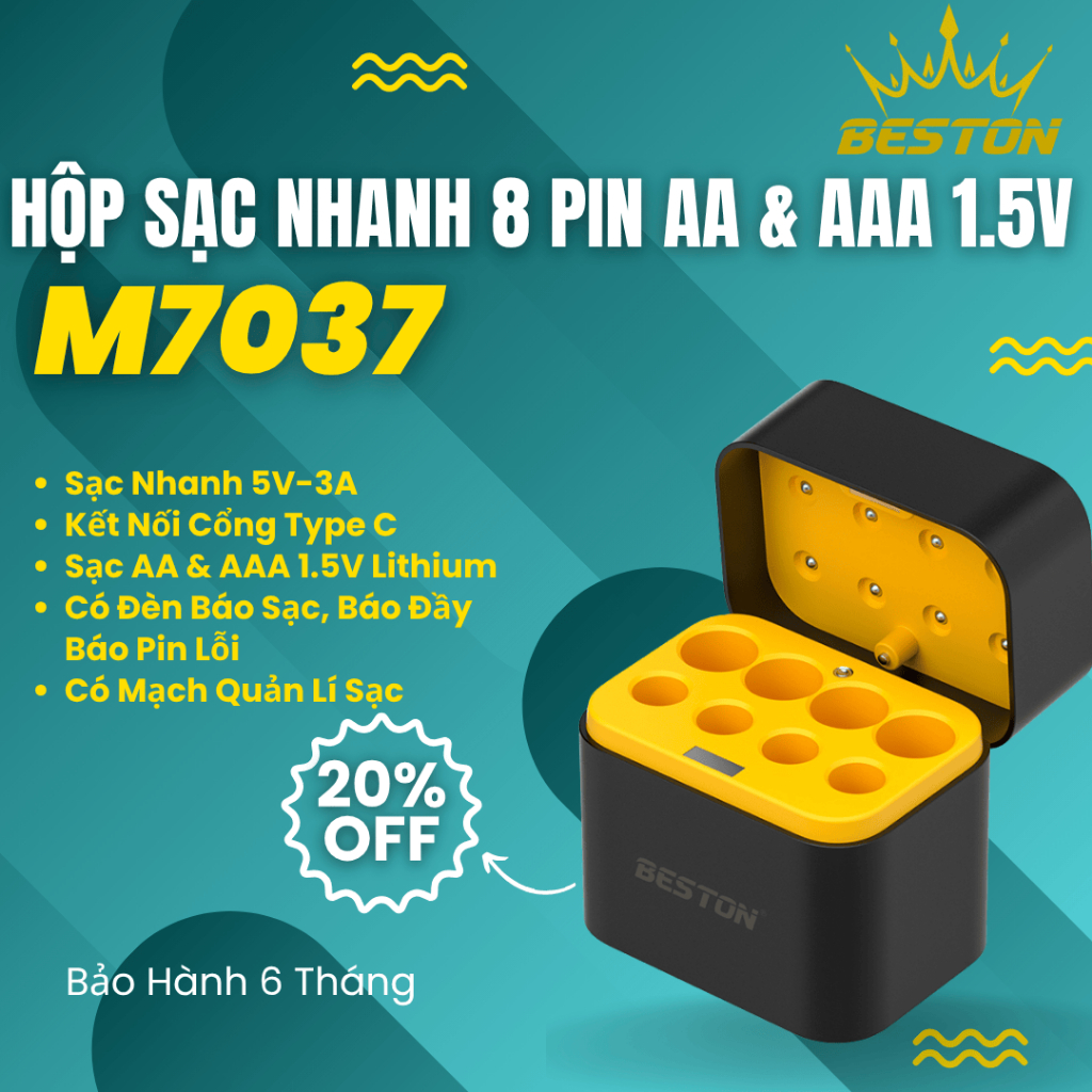 Hộp sạc pin BESTON 1.5V 8 slot mẫu mới M7037 USB-C dùng cho pin AA và AAA 1.5V, pin cho đồ chơi