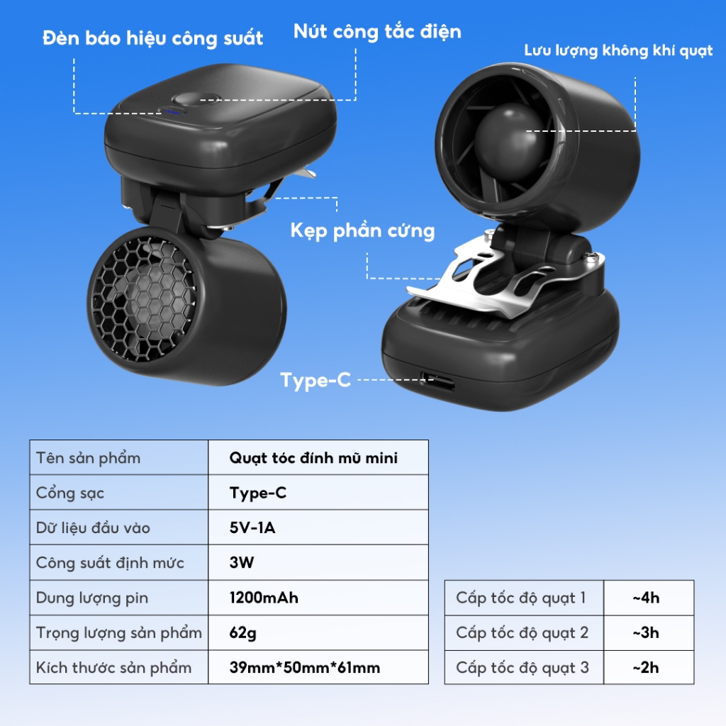 YODEVOE N616 quạt cắp mũ áo siêu nhẹ 62g, gió mạnh 10m/s, 3 cấp tốc độ, kẹp linh hoạt cho du lịch và công việc ngoài trờ | BigBuy360 - bigbuy360.vn