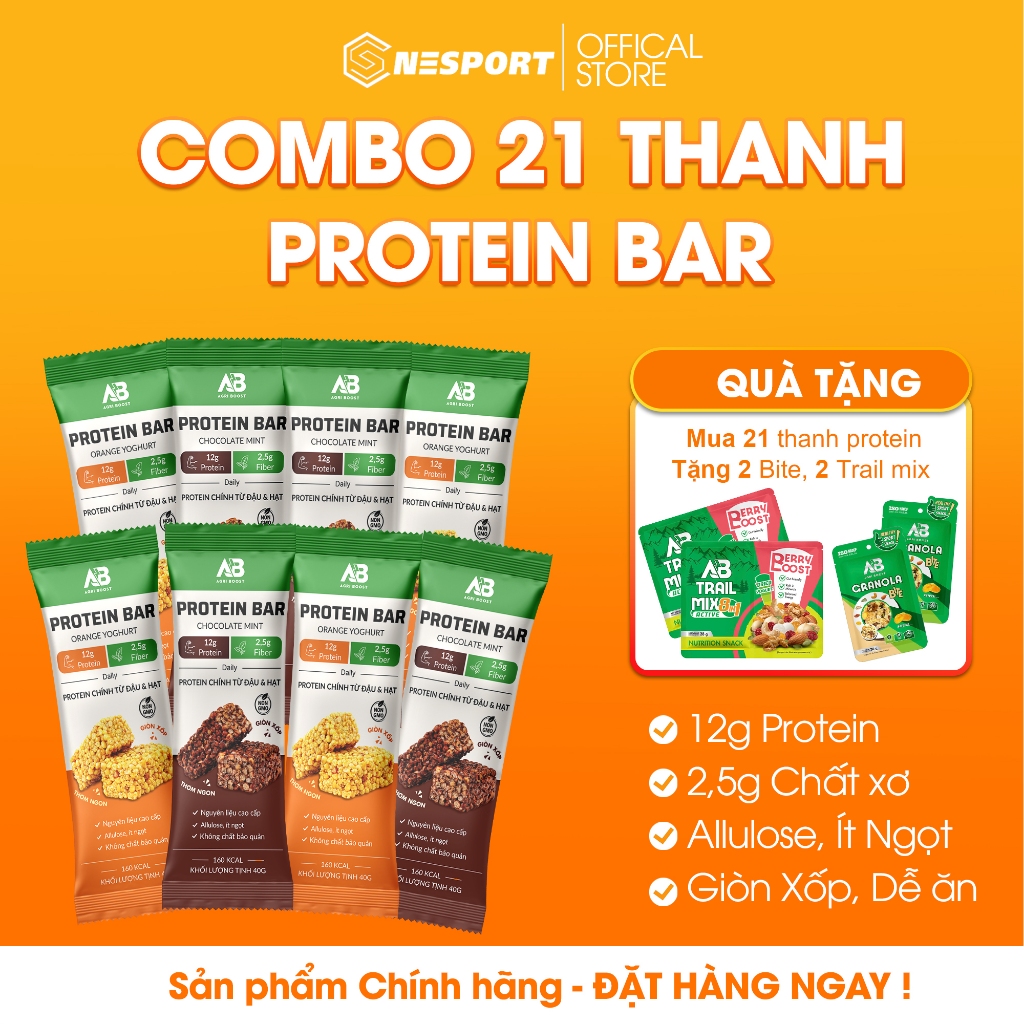 [Mua 21 Tặng 4] AB Protein Bar Nutrition 40g - Thanh Năng Lượng Protein Không Đường Cho Runner
