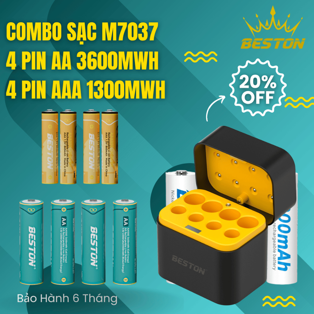 COMBO SẠC M7037 và 4 pin AA 3600mWh , 4 pin AAA 1300mWh dùng cho karaoke, đèn pin , pin đồ chơi