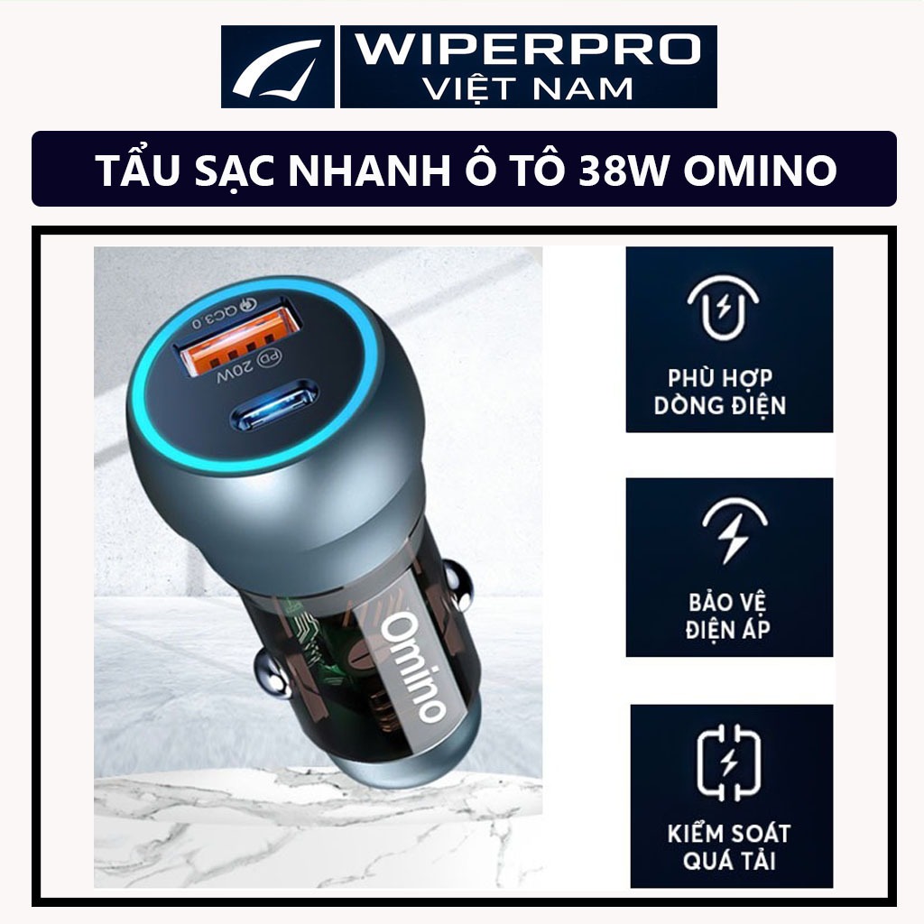 Tẩu Sạc Siêu Nhanh ô tô 38W OMINO - cổng kép USB-A & Type C, QC 3.0 - 12-24V Chống cháy nổ - WP