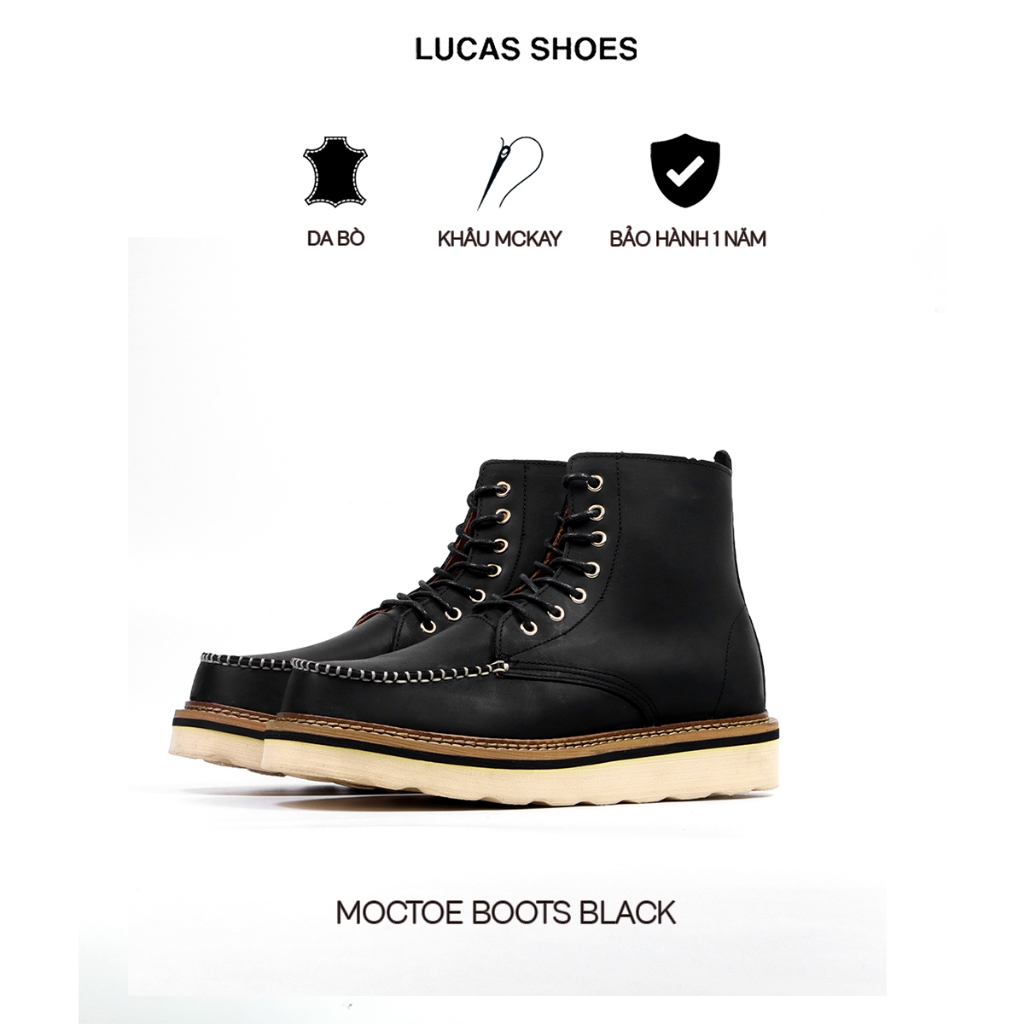 Giày Boots nam Moctoe da bò sáp Đen (Moctoe Đen) phong cách bụi bặm Lucas Shoes, bảo hành 1 năm