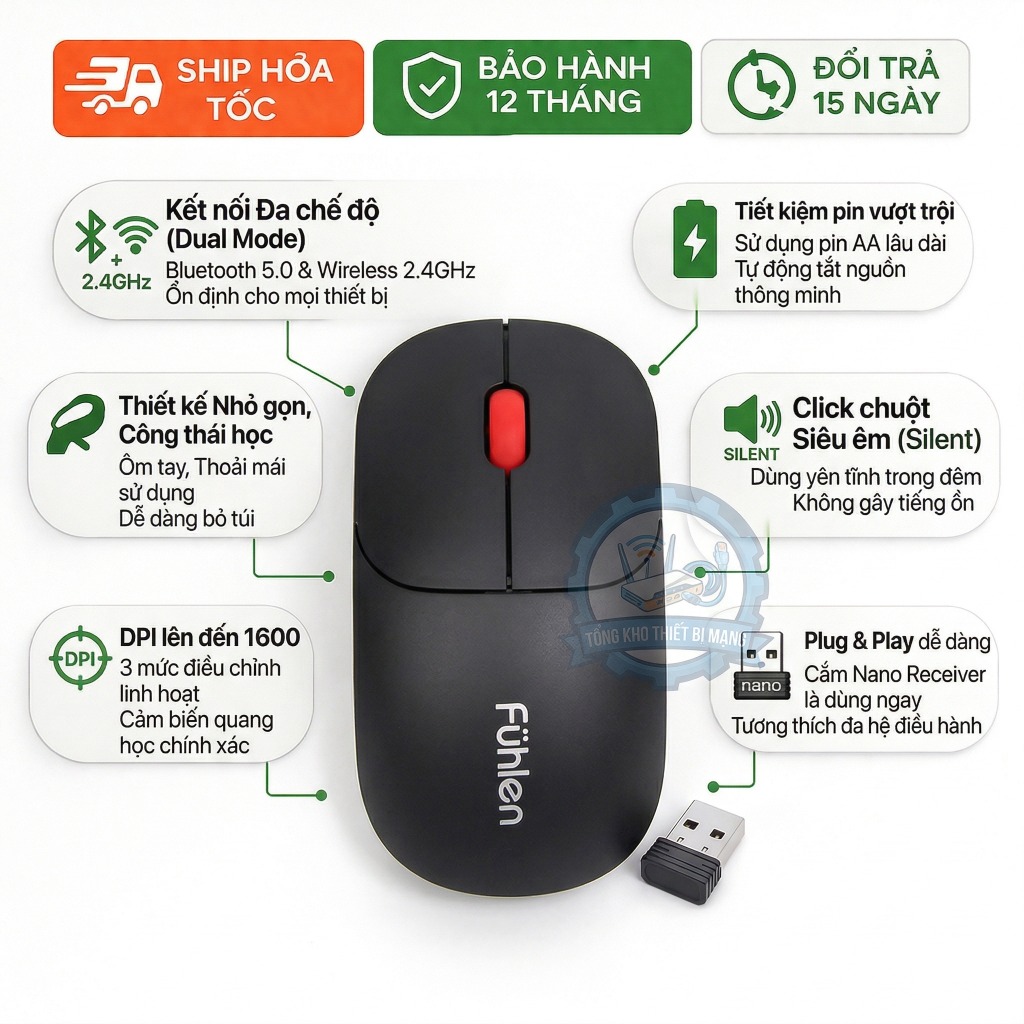 Chuột Không Dây Fuhlen M07S 2.4GHz Êm Nhạy DPI Cao Thiết Kế Gọn Nhẹ