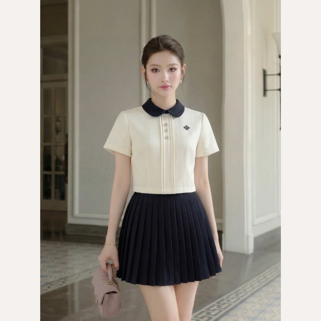 Áo kiểu nữ tay ngắn xếp ly, áo cổ sen thiết kế dáng lửng tiểu thư thêu hoa Linly Store A-PC10 | BigBuy360 - bigbuy360.vn