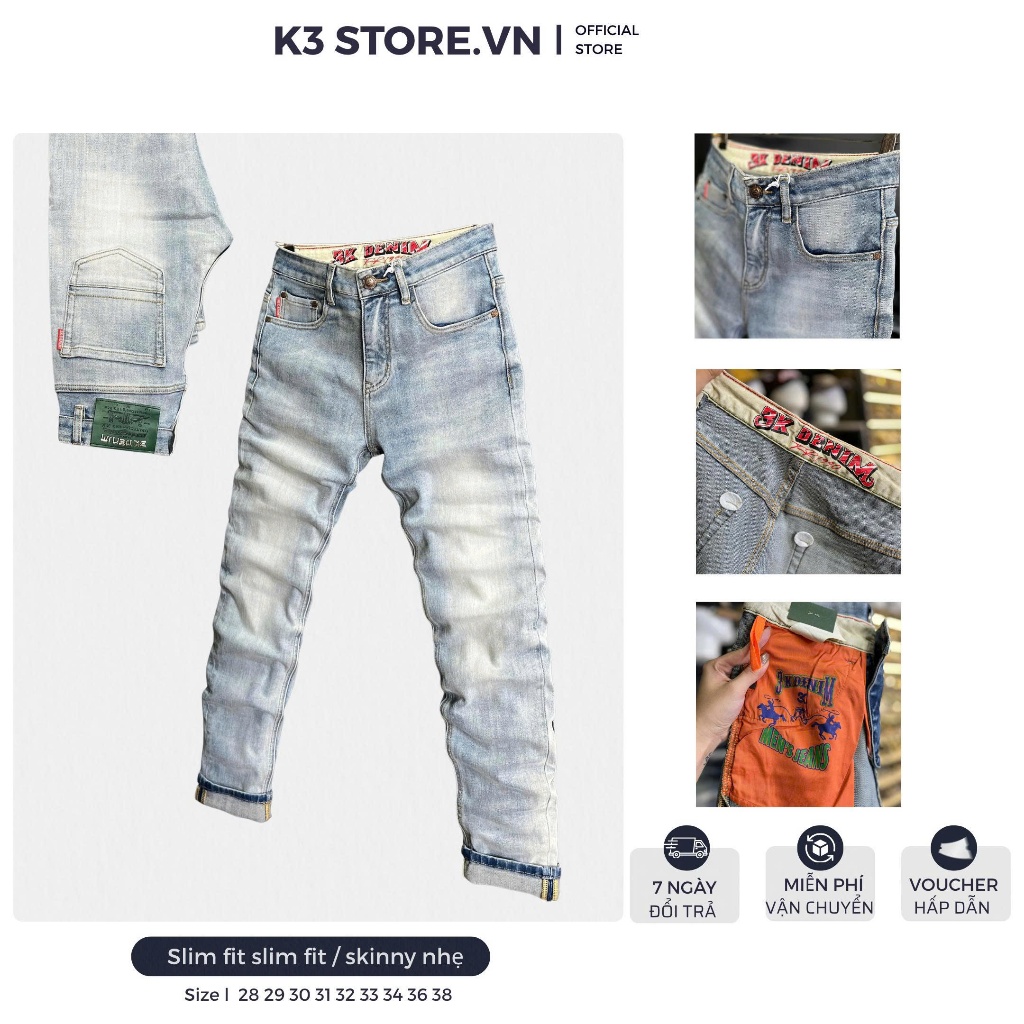 [K3 STORE VN]Quần Jean Nam Dài J3971-K2258 Màu Xanh Bạc In 3K Denim Chữ Đỏ Chất Denim Mẫu Mới