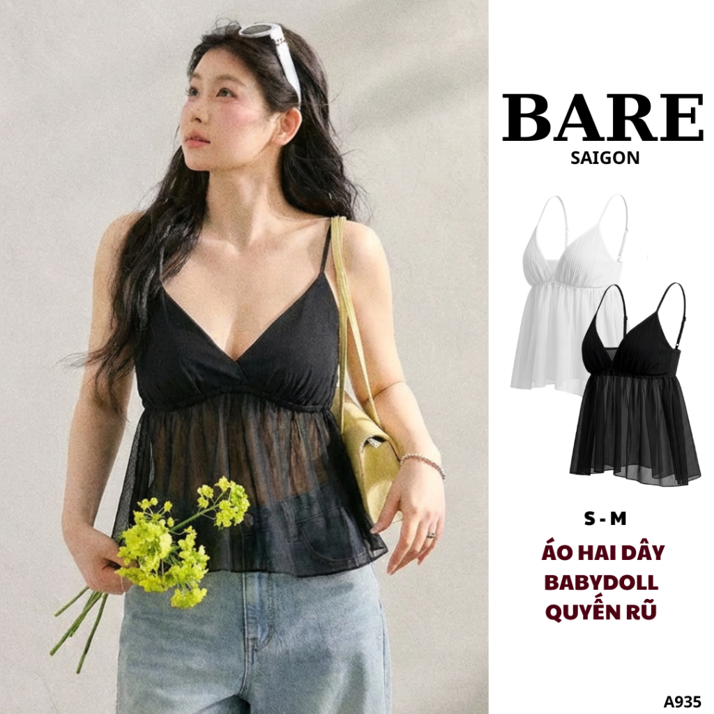 BARE_[Babydoll Camisole Top]_Áo 2 Dây Nữ BabyDoll  Form Xòe Vải Voan Nhăn Mỏng Nhẹ Mát Đi Chơi Đi Bi