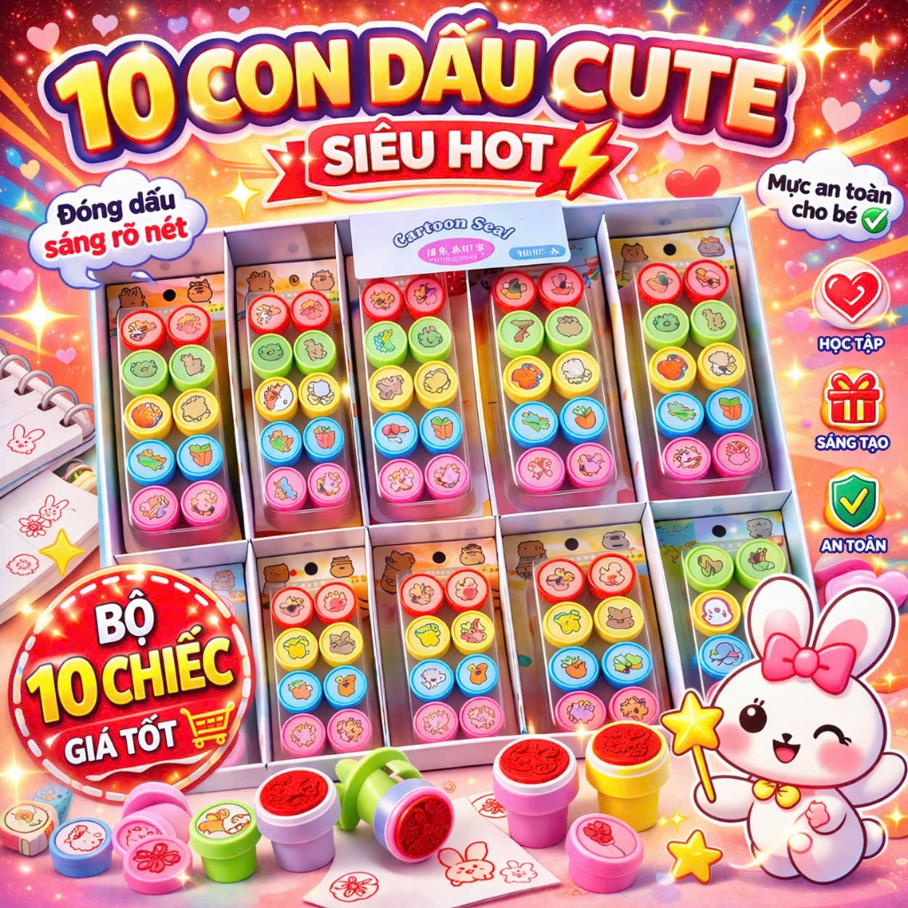 [Combo 10] Hộp 10 con dấu hình capybara, sanrio hoạt hình dễ thương