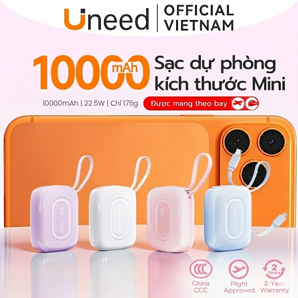 【CCC Certified】Sạc dự phòng 10000mAh Uneed Sạc nhanh PD 22.5W type-c và sạc lighting cho iPh8-17/Android