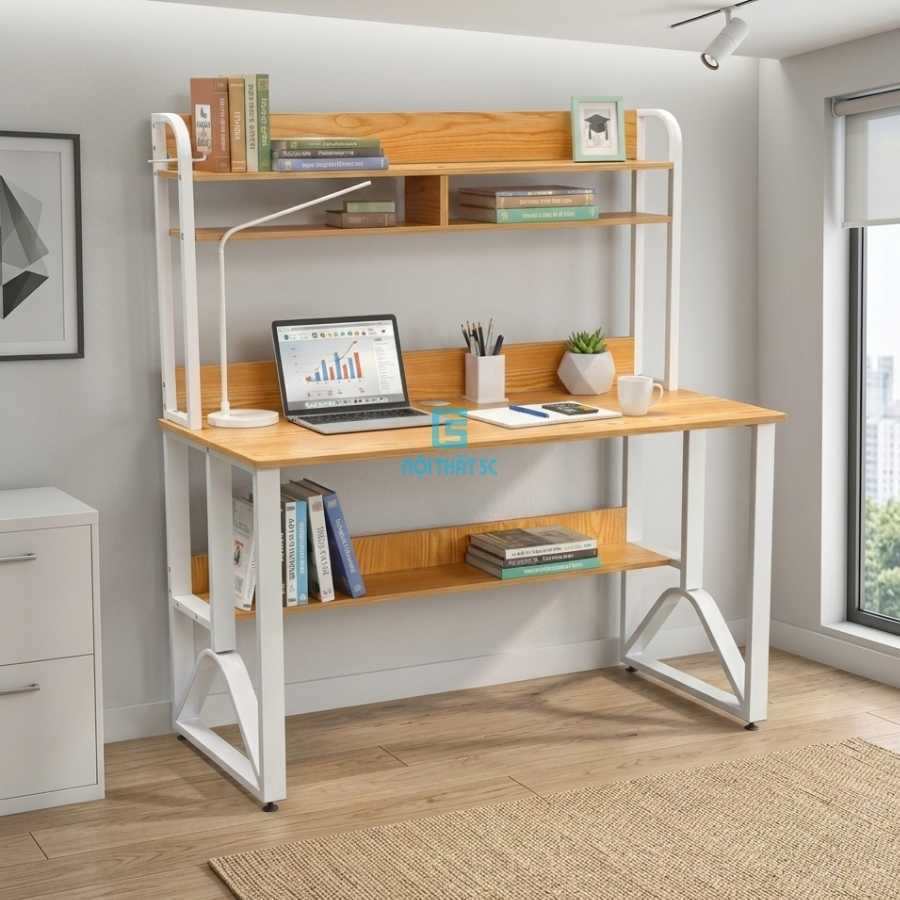 Bàn học, bàn làm việc liền kệ - Mặt gỗ công nghiệp MDF dày 15mm, chân sắt hộp sơn tĩnh điện Nội thất