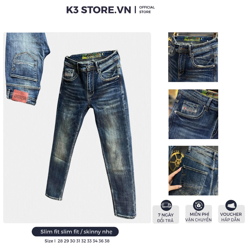 [K3 STORE VN]Quần Jean Nam Dài J4004-3K1940  Màu Xanh Was Lưng Thêu 3K DENIM Mẫu Mới