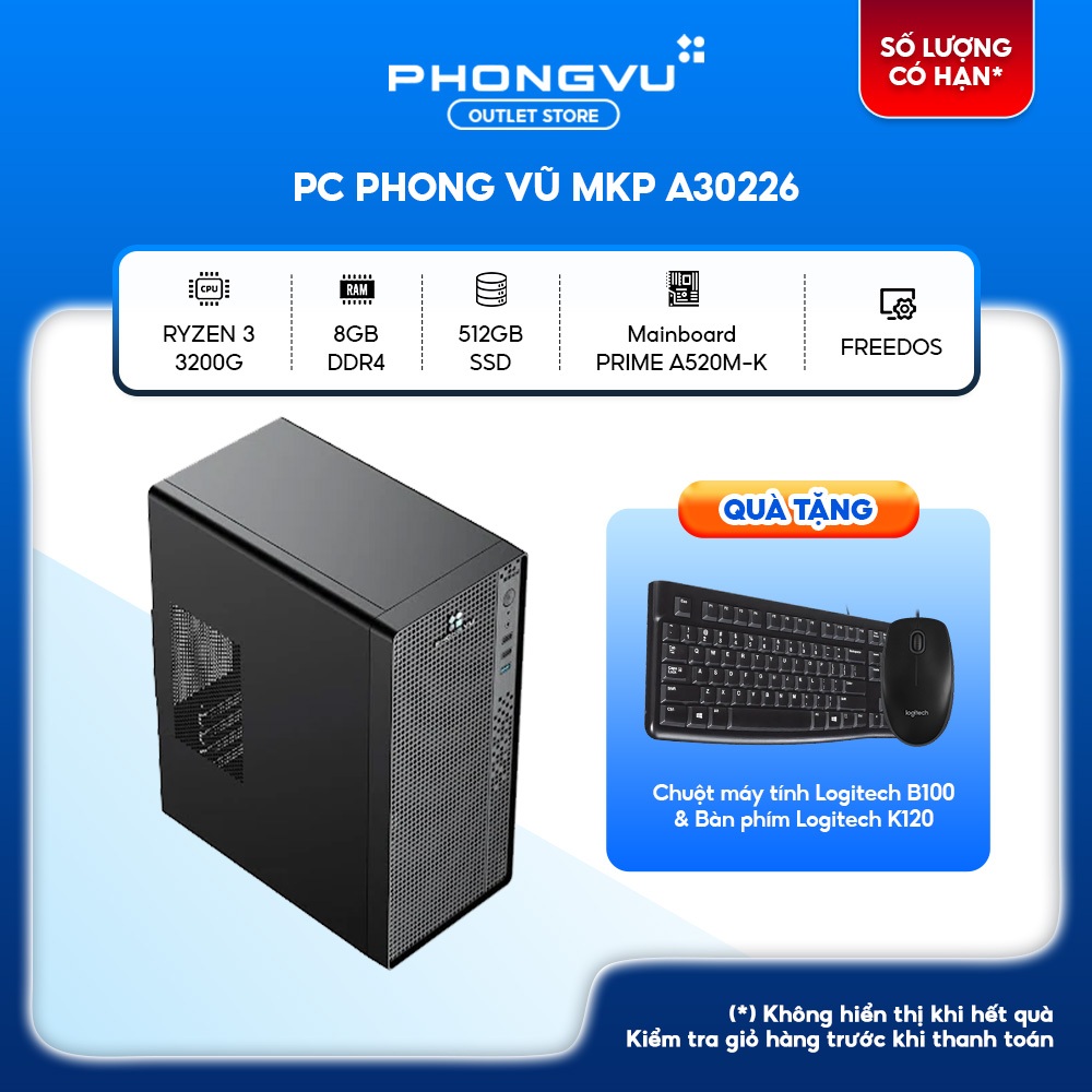 Máy tính để bàn/PC Phong Vũ Home Office MT MKP A30226 (AMD Ryzen 3 3200G/1x8GB D4/512GB SSD/Free DOS