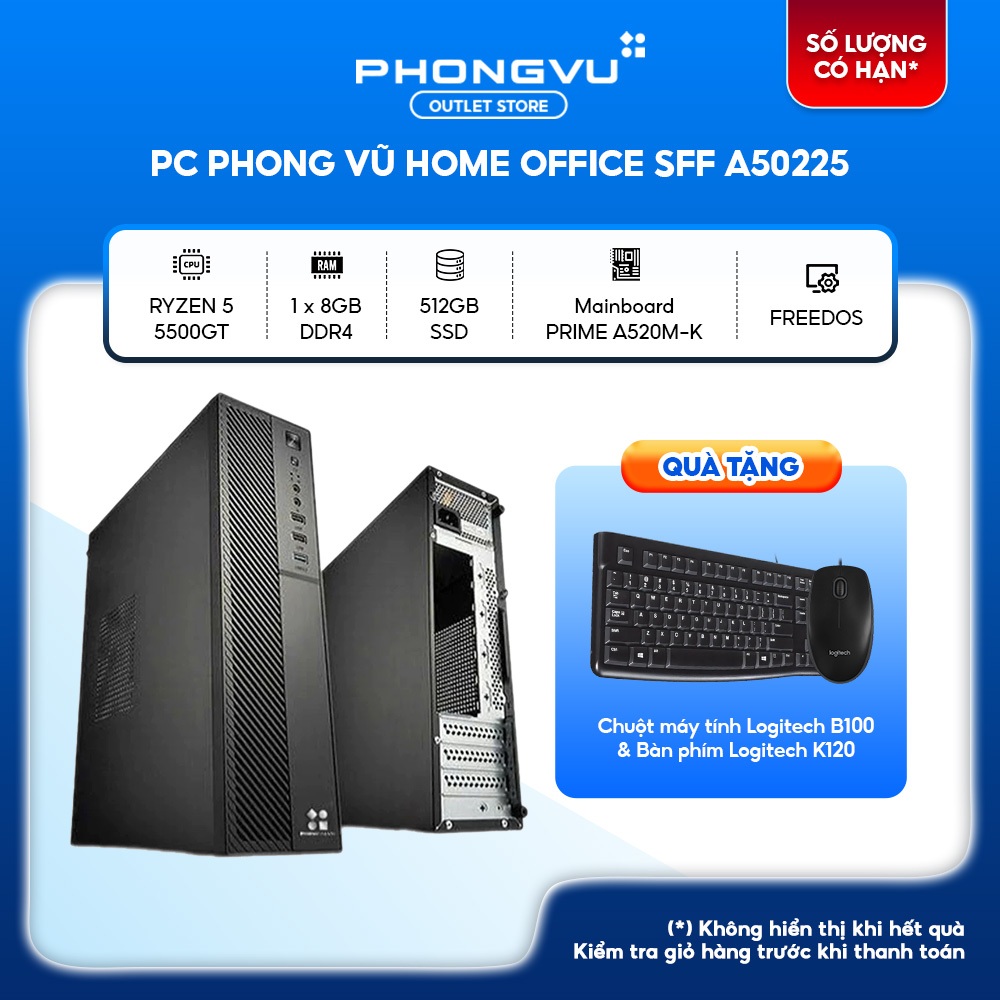 PC văn phòng Phong Vũ SFF A50225 (AMD Ryzen 5 5500GT/ 1 x 8GB/ 512GB SSD) - Bảo hành 36 tháng