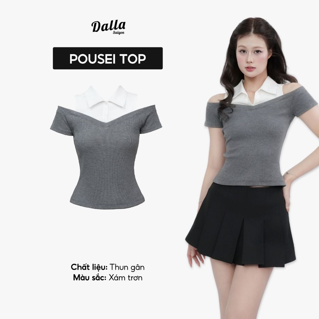 DALLA Áo thun trễ vai phối cổ sơ mi (AT12) BSL