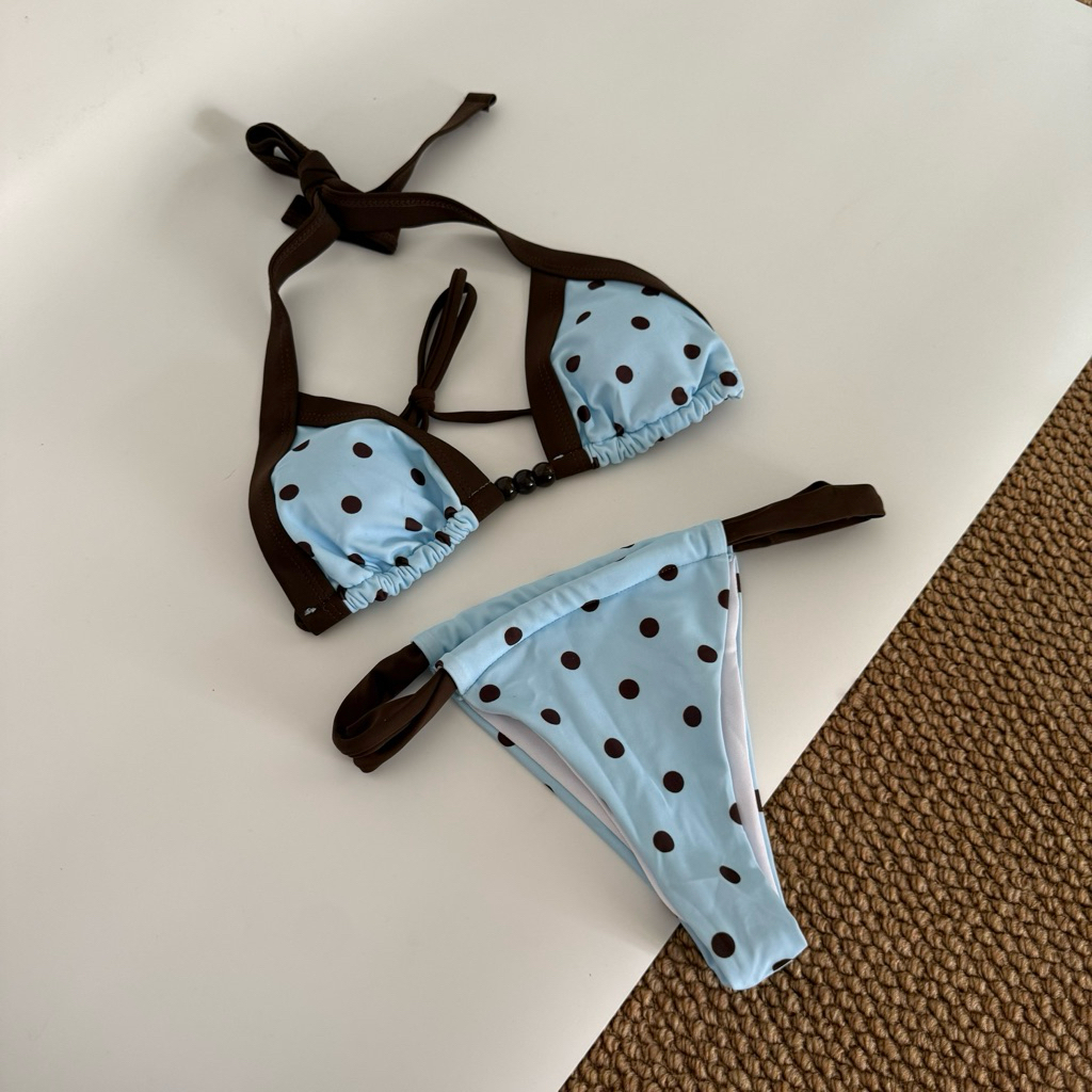 ( BKN-BB1) Bikini hai mảnh chấm bi cột, xanh nâu có mút ngực | BAHYCHIC