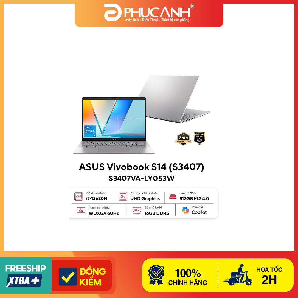 Laptop Asus Vivobook S14 S3407VA-LY053W (i7 13620H/ 16GB/ 512GB SSD/ 14 inch WUXGA/ Win11/ Silver/ V
