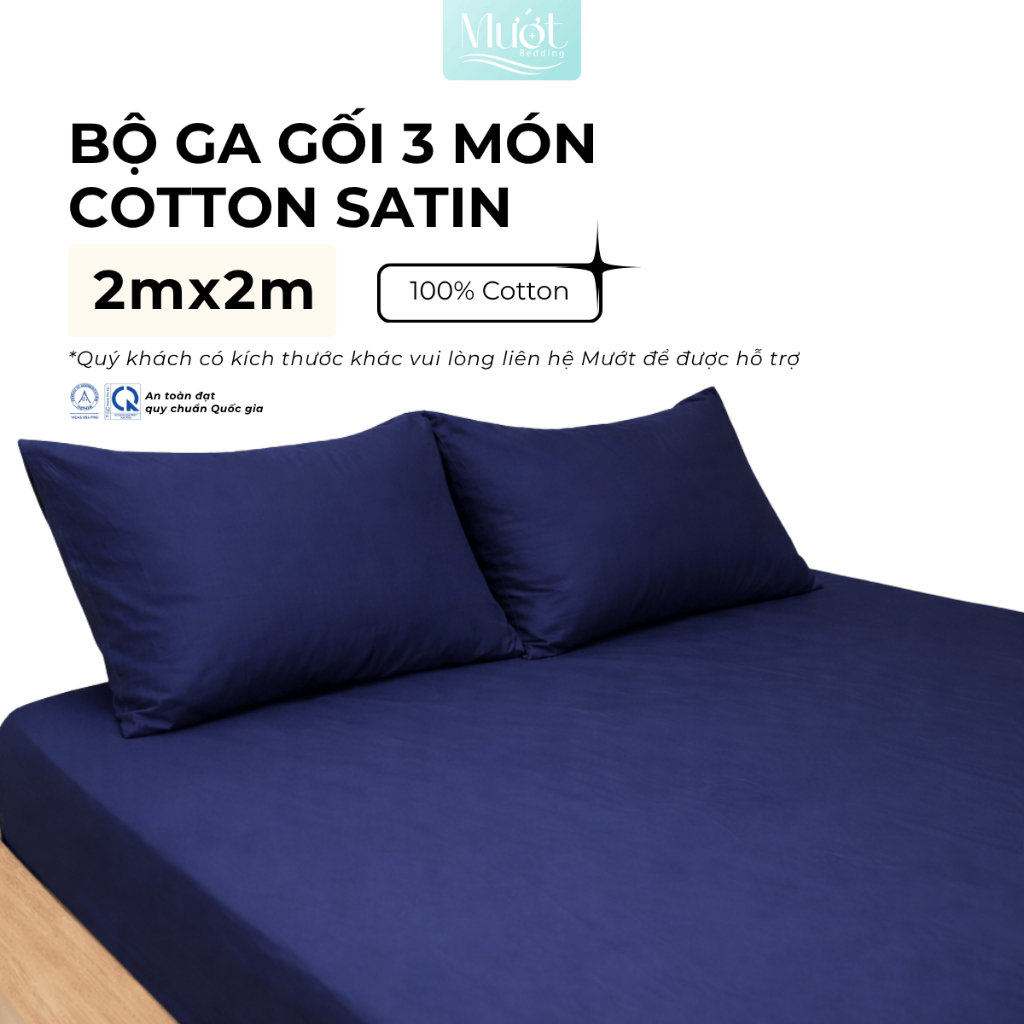 Bộ ga gối 3 món nệm kích thước 2mx2m Cotton Satin Mướt Bedding cao cấp trơn màu