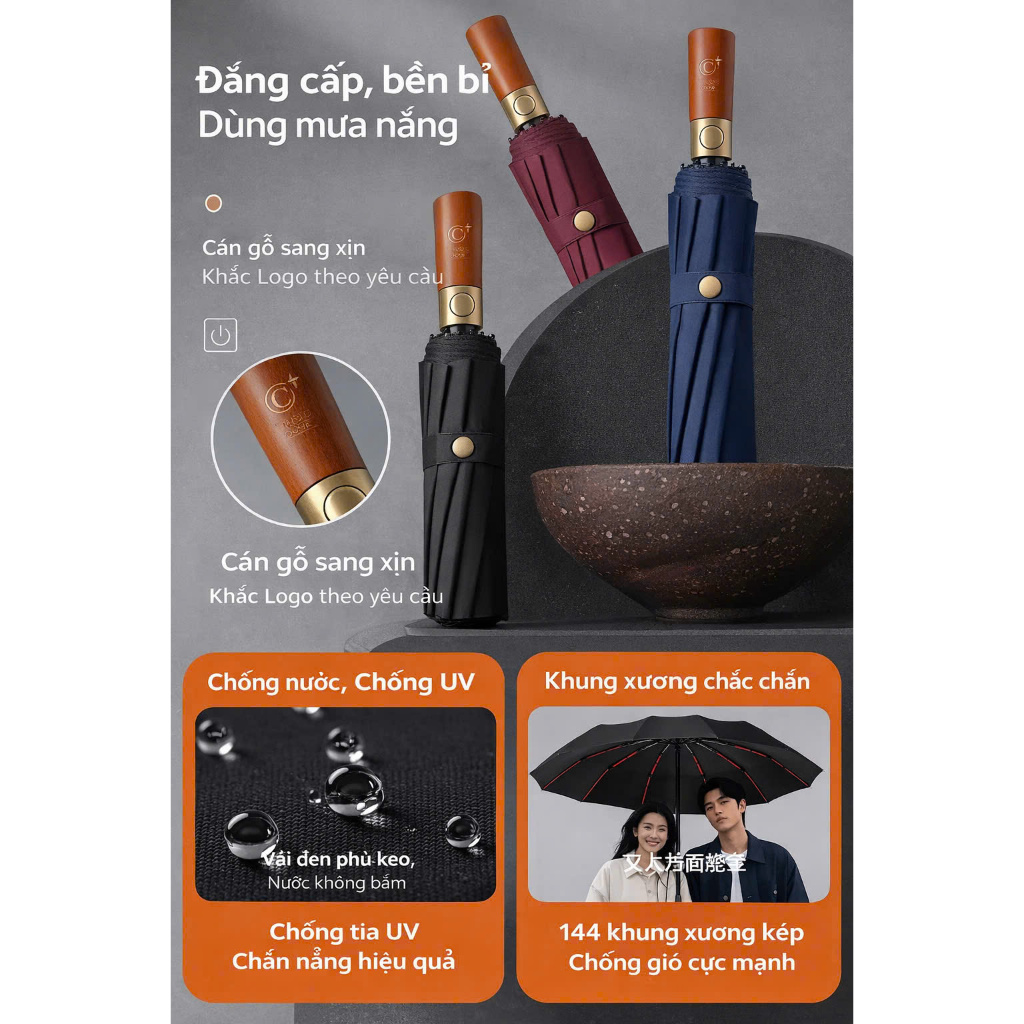 Ô cao cấp 84 nan (72 nan kép và 12 nan lò xo) chống thấm chống tia UV, cứng cáp