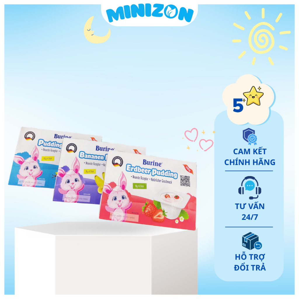 Pudding Burine Vị Vani/Chuối Cho Bé Ăn Dặm Từ 6 Tháng, Bổ Sung Năng Lượng (6 Hũ x 50g) - Minizon