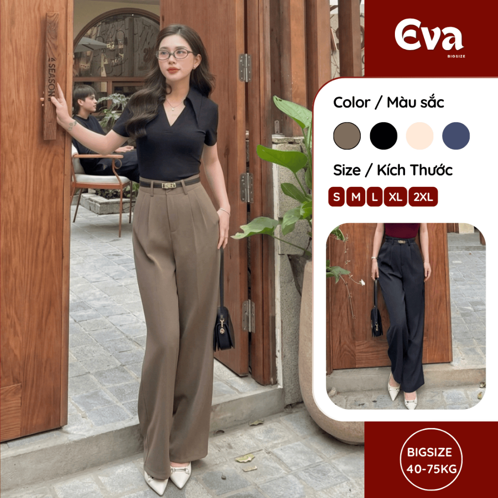 Quần suông nữ lưng cao EVA BIGSIZE chất liệu Gold Nhật phối khuy 1 cúc kiểu dáng mềm rủ basic QX10