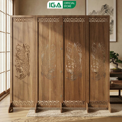 Bình phong vách ngăn IGA cá chép bộ 4 tấm gỗ MDF chống xước decor không gian hiện đại - GP426