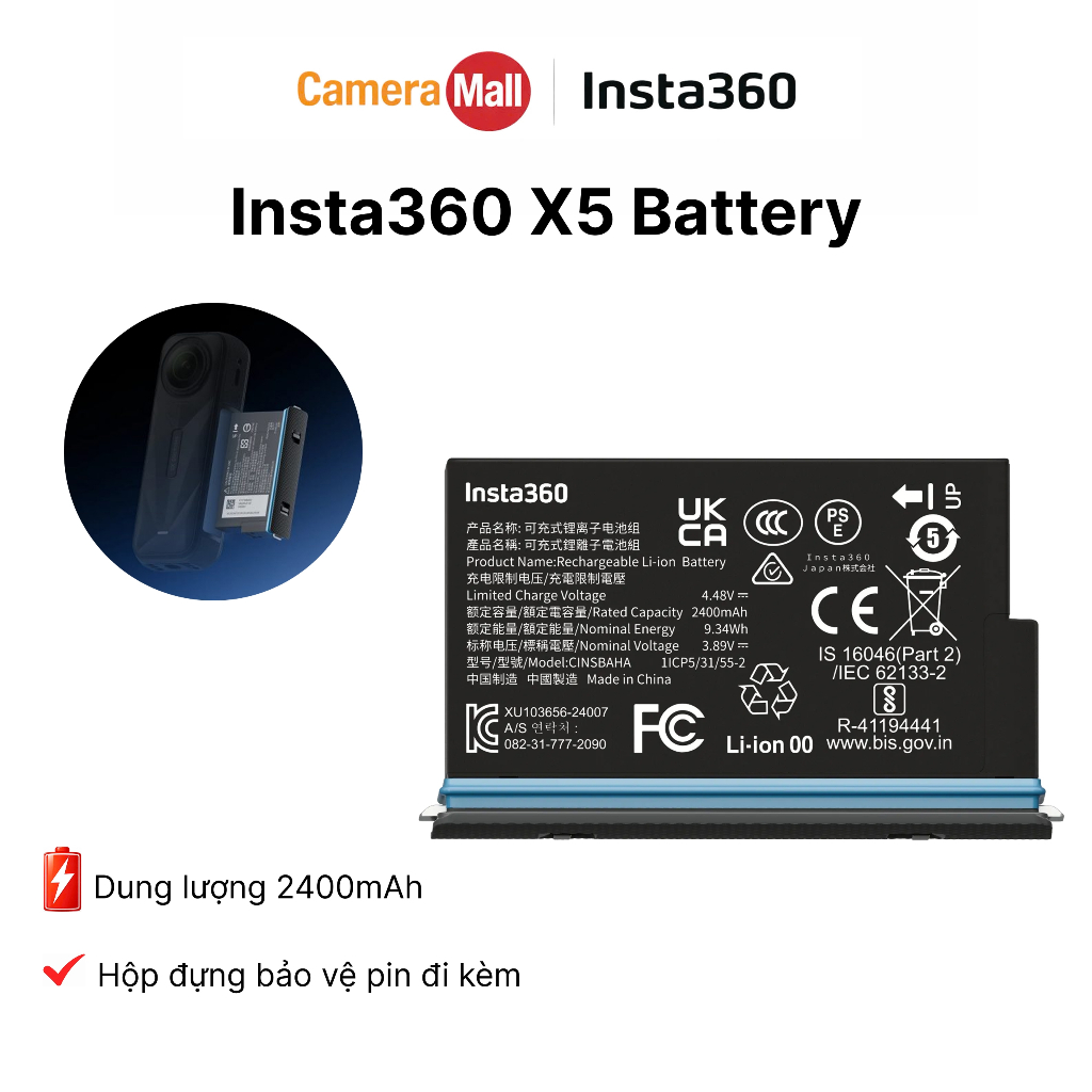 Insta360 X5 Battery Pin Chính Hãng Cho Camera Insta360 X5 | Dung Lượng Cao | Thay Thế Tiện Lợi