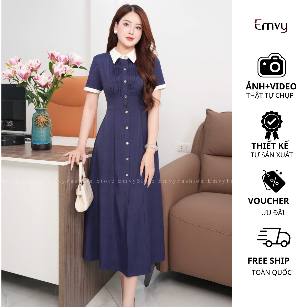 Đầm thiết kế công sở phối cổ sơ mi chiết eo dáng dài thanh lịch sang trọng Emvy Fashion K83
