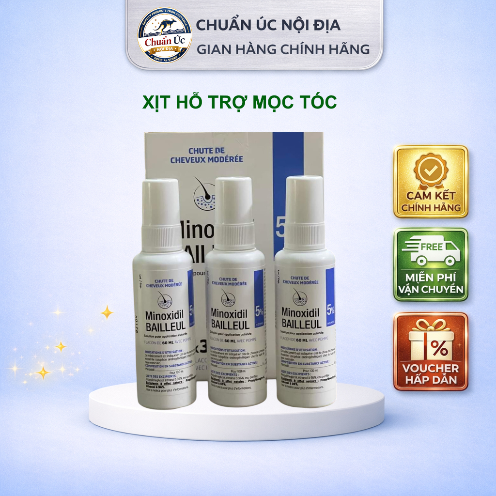 [hsd 2028] Xịt mọc tóc Minoxidil Bailleul 2%, 5%- Nhập khẩu Pháp - Hộp 3 lọ 60ml