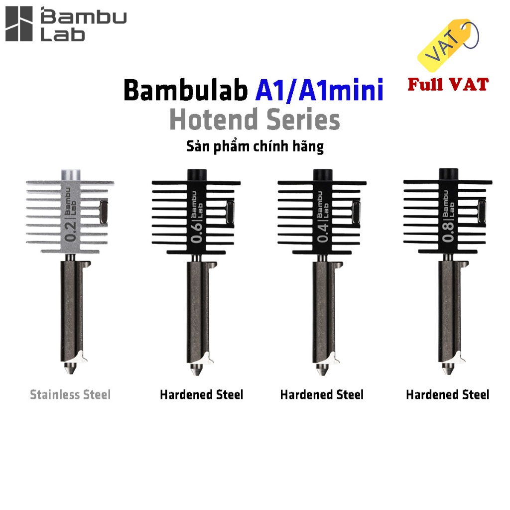 Đầu In (Hotend) Bambu Lab A1/A1 Mini - Vòi Phun Nozzle Thép Cứng & Thép Không Gỉ
