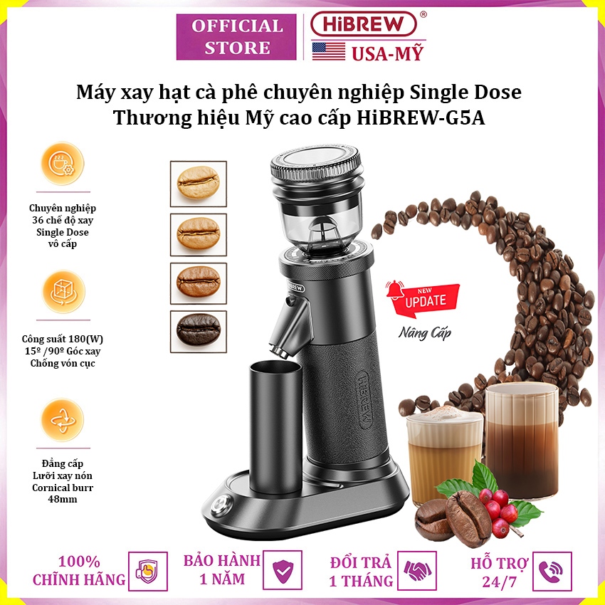 Máy xay hạt cà phê chuyên nghiệp Single Dose tích hợp 36 chế độ xay thương hiệu Mỹ HiBREW G5A (Bản n