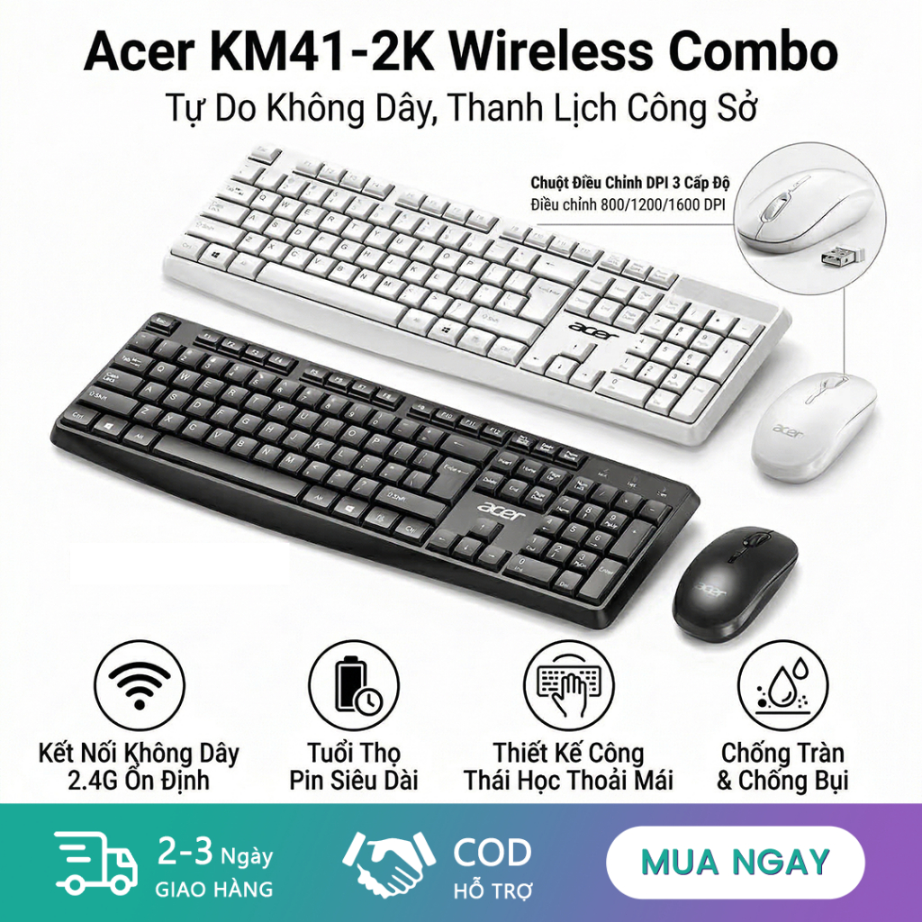 Acer KM41-2K Bộ bàn phím và chuột không dây Thời lượng pin dài, 104 phím, nhẹ và bền