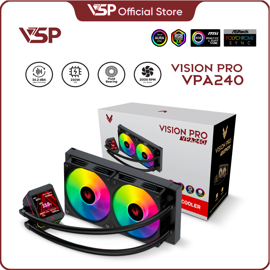 Tản nhiệt nước VSP Vision Pro VPA-240 (Đen/Trắng) – Tản Nhiệt CPU AIO 240mm RGB (Màn hình LCD)