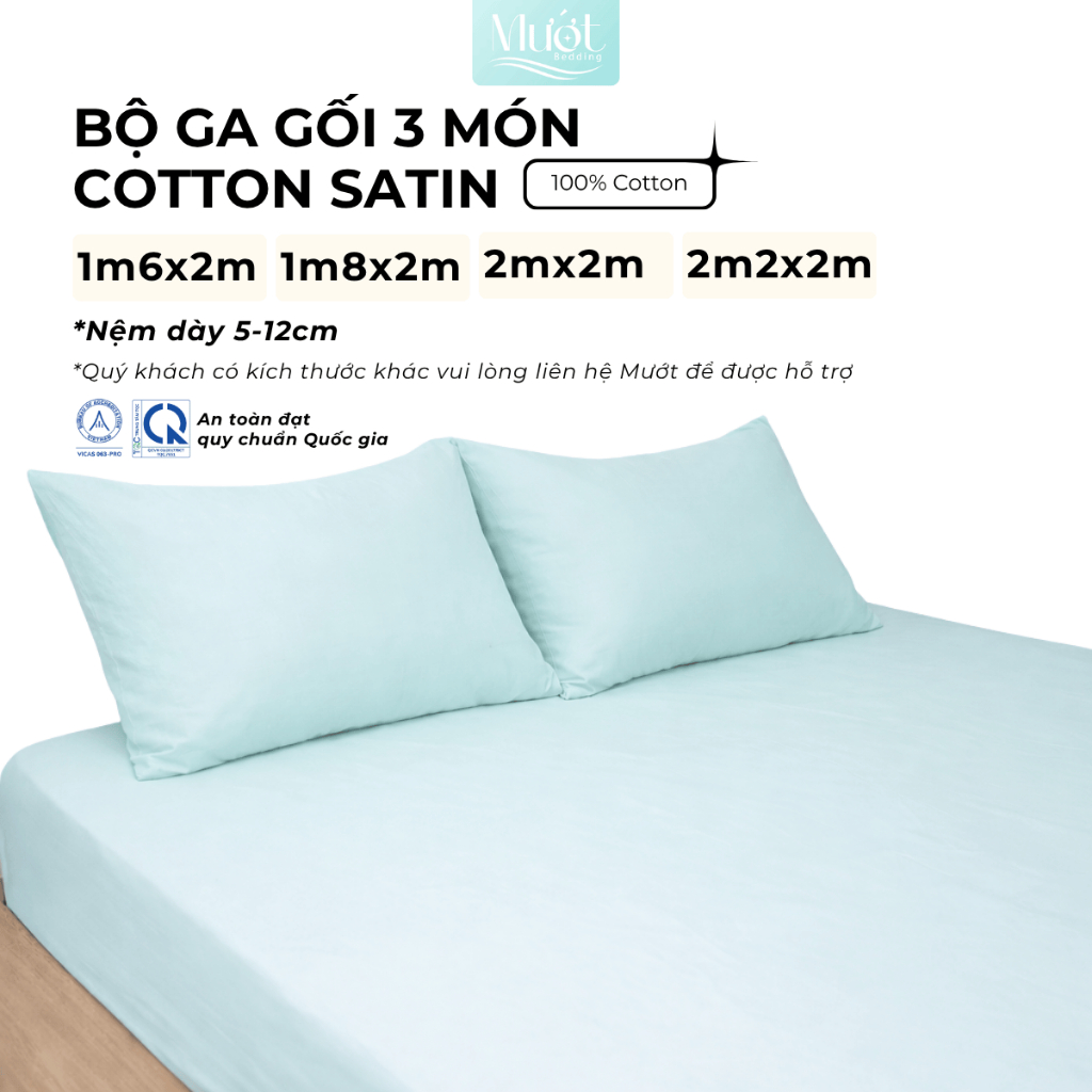Bộ ga gối 3 món nệm kích thước 1m6x2m, 1m8x2m, 2mx2m, 2m2x2m Cotton Satin Mướt Bedding cao cấp trơn 