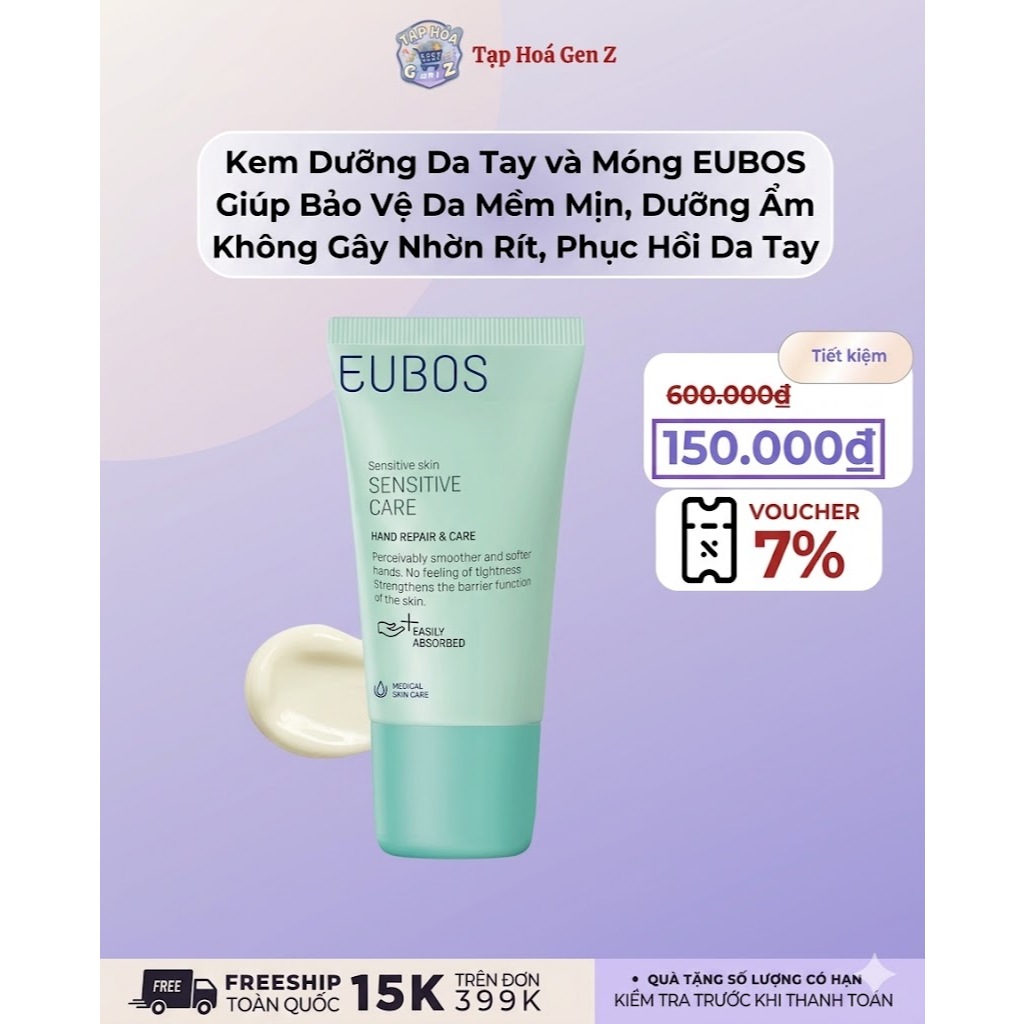 Kem Dưỡng Da Tay và Móng EUBOS Giúp Bảo Vệ Da Mềm Mịn, Dưỡng Ẩm Không Gây Nhờn Rít, Phục Hồi Da Tay