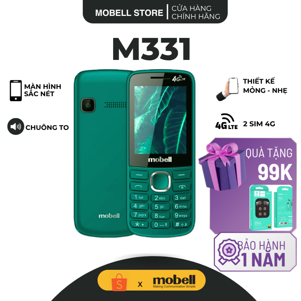 Điện Thoại 4G Mobell M331 – 2 SIM, Loa To, Pin Lâu, Bền Bỉ, Chính Hãng, Bảo Hành 12 Tháng