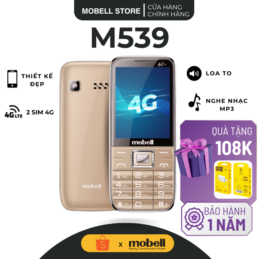 Điện Thoại 4G Mobell M539 Pin Khủng, Bàn Phím To, Siêu Bền, 2 SIM Cho Người Lớn Tuổi