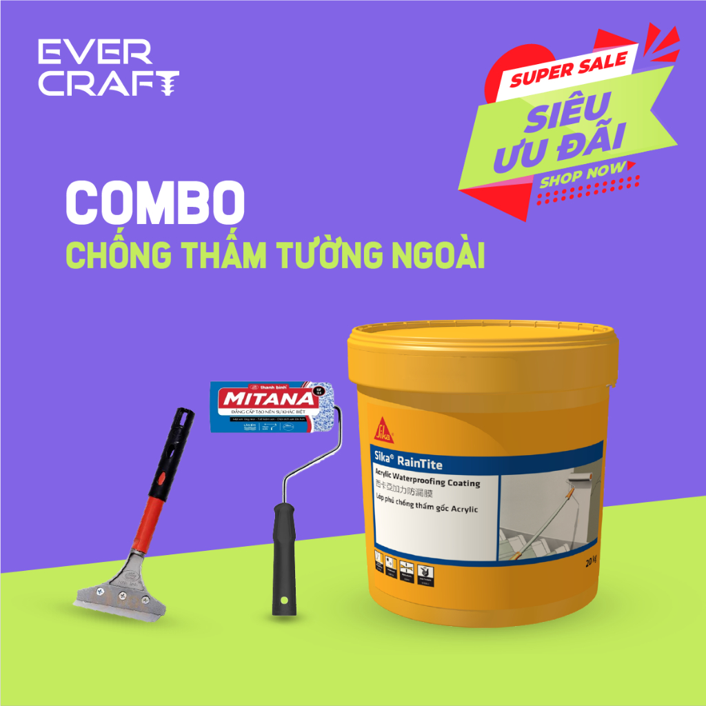 Combo chống thấm tường ngoài: Sika Raintite 20kg + sủi TB 200 + cọ lăn mitana 230mm