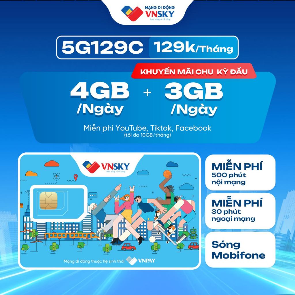 5G129C - Sim data 5G FREE MXH + gói VNSKY  (7GB/ngày) Free tháng đầu + Free Tiktok, Youtube, Faceboo