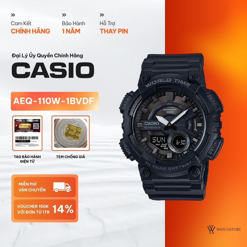 Đồng Hồ Casio Nam AEQ-110W-1BVDF Màu Trắng Mặt Kính Nhựa 48.2mm Dây Nhựa Kháng Nước Chính Hãng