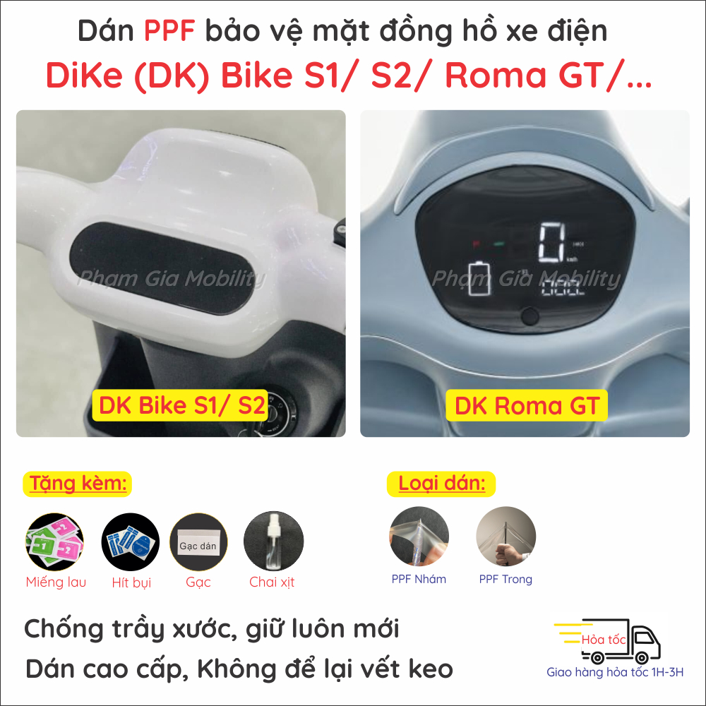 Dán PPF màn hình xe máy điện cho Dike DK Bike VC S1 S2/ Roma GT G T loại PPF trong suốt cao cấp giúp