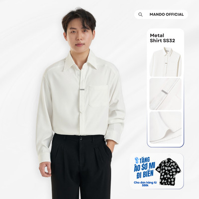 Áo Sơ Mi Metal-Shirt Giấu Cúc Tag Logo Kim Loại Nhiều Màu Oversized MANDO KOREA Menswear Phong Cách Hàn Quốc - SHT032