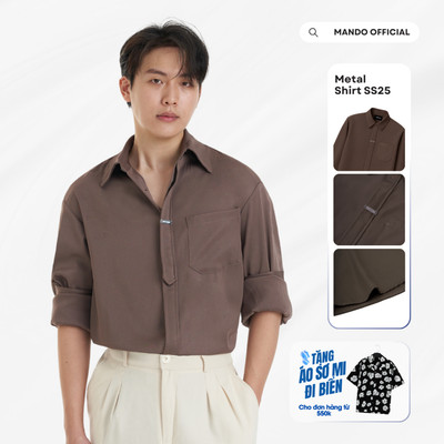 Áo Sơ Mi Metal-Shirt Giấu Cúc Tag Logo Kim Loại Oversized MANDO KOREA Menswear Phong Cách Hàn Quốc - NXSHT032