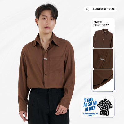 Áo Sơ Mi Giấu Cúc Tag Logo Kim Loại Nhiều Màu Metal-Shirt Oversized MANDO KOREA Menswear Phong Cách Hàn Quốc - NSHT032