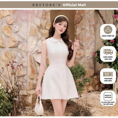 MissChic by BBSTORE'S Đầm Dạo Phố Linen Ngắn Xếp Ly Cổ Sen Dáng A Ngực Phối Viền Ren - DAC77B