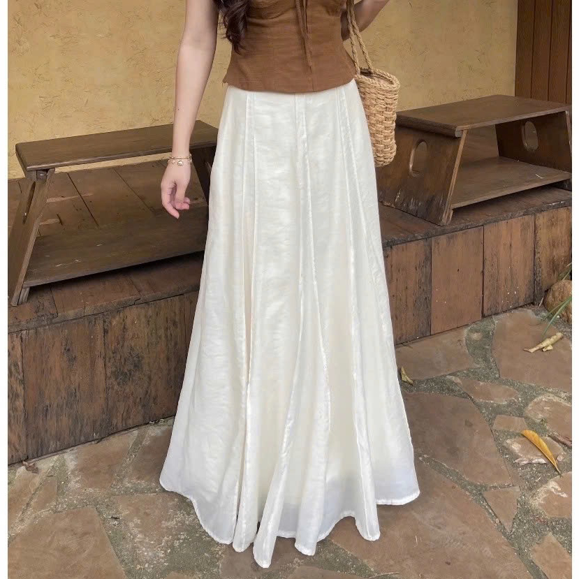 𝗥𝗶𝗹𝗶 | Chân Váy Dài Linen Tơ Dáng Xòe Cạp Trễ 2 Lớp