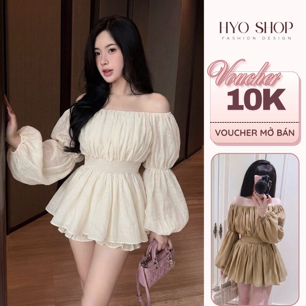Set bộ nữ áo trễ vai thun eo chất tơ mix quần short bí dáng xoè tiểu thư - HYO SHOP