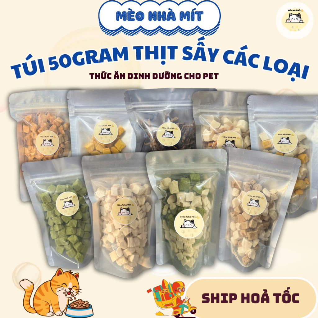 [50gram] Gà viên sấy khô, cá hồi sấy khô, gan sấy khô, trứng sấy khô, cá sấy khô, gà viên mix gan ch