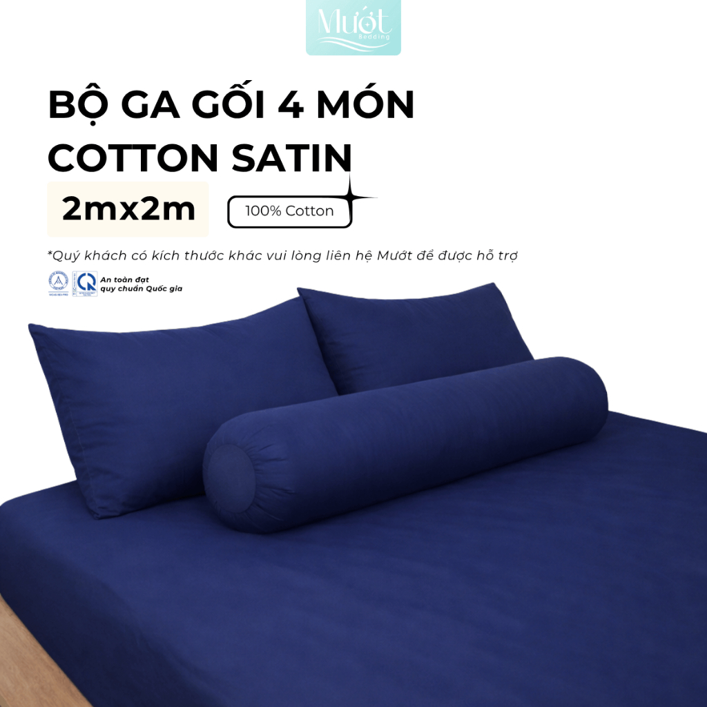 Bộ ga gối 4 món nệm kích thước 2mx2m Cotton Satin Mướt Bedding cao cấp trơn màu, drap bo chun