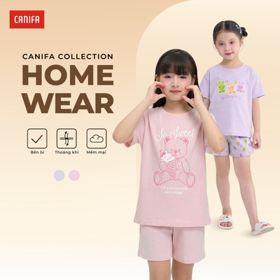 Bộ quần áo bé gái CANIFA cộc tay phối màu có hình in PS26 1LS26S001