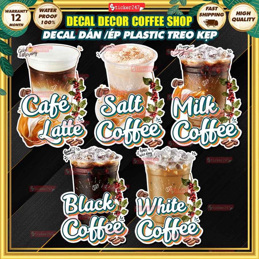 Decal Decor Coffee Shop, Sticker Black Cafe, Milk Coffee 🌈𝑭𝒓𝒆𝒆𝒔𝒉𝒊𝒑 Picture Cafe Waterproof, Tranh Dá
