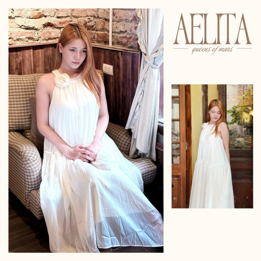 Váy yếm maxi trắng dáng suông cổ hoa nhẹ nhàng nữ tính đi biển, dạo phố AELITA - TR15